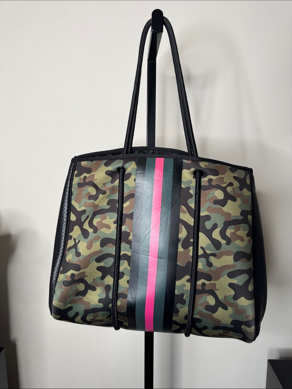 Camouflage Tote with Pink & Black Center Stripe